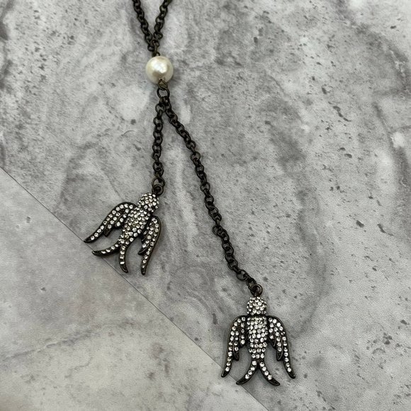 Black Tone Chain Necklace Rhinestone Two Birds - Picture 1 of 3